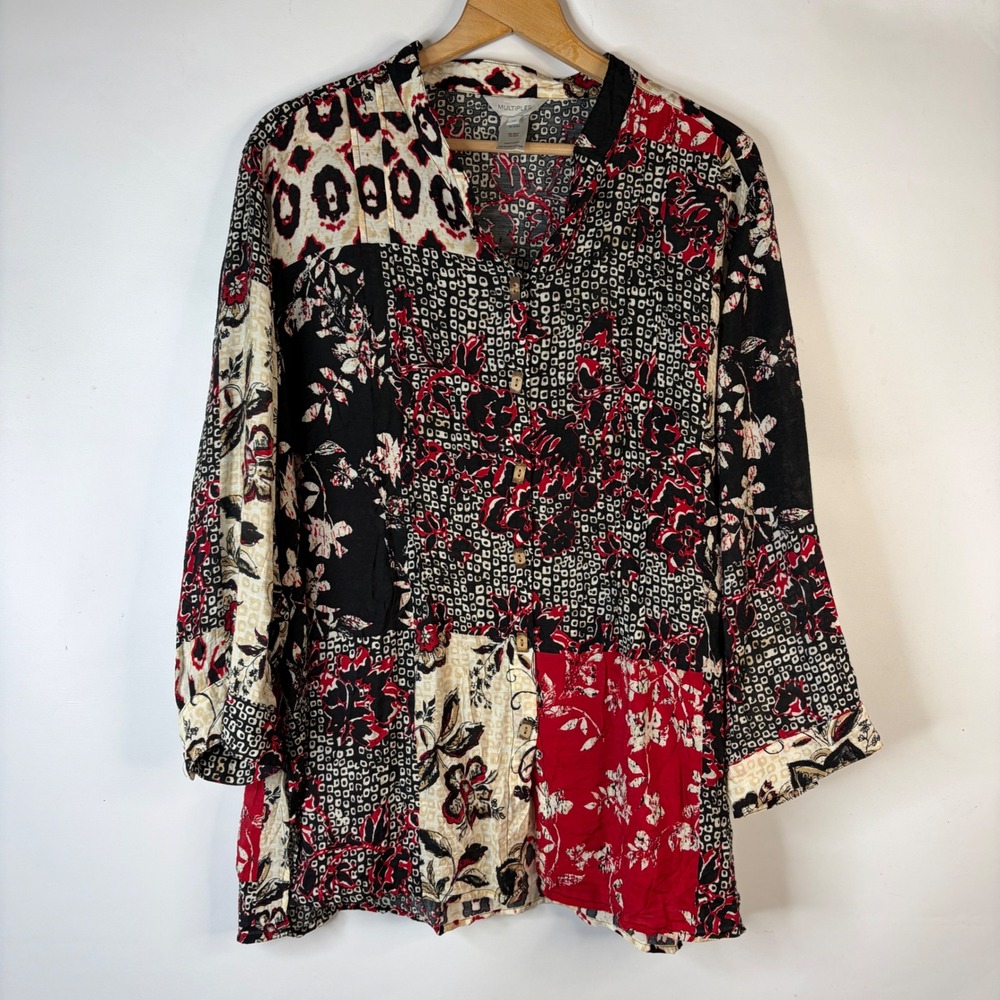 Multiples Patchwork Tunic Women 2X Red Black Floral Geometric Boho Button Up